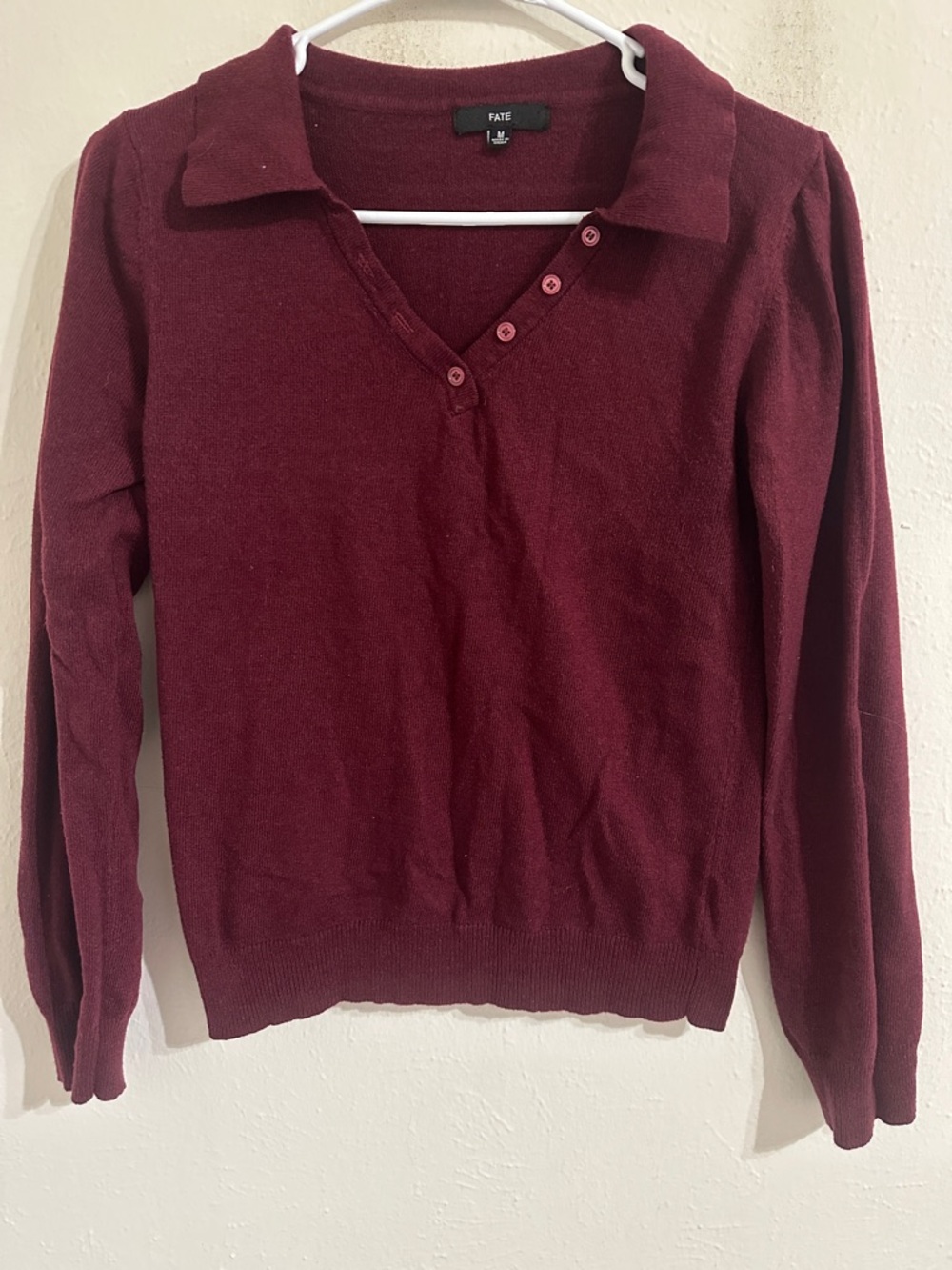 Women's Burgundy V-Neck Polo Sweater